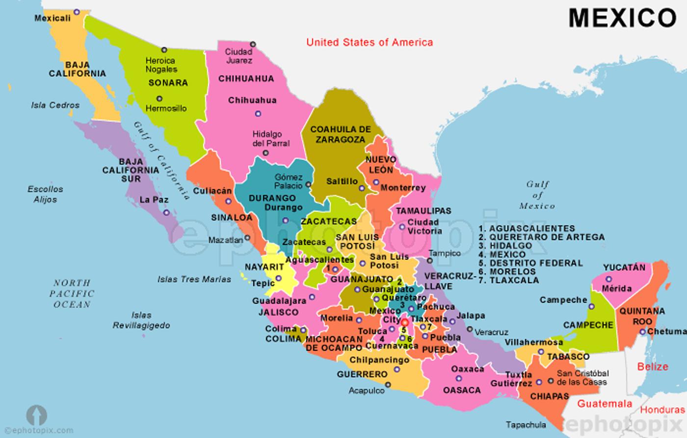 Mapa de México a los estados y capitales de México - mapa con los