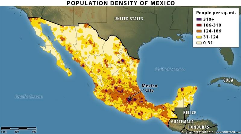 mapa de la distribución de la población de México