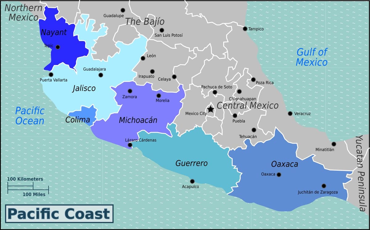 mapa de la costa del pacífico de México