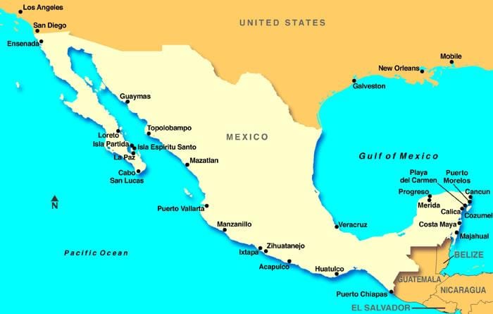mapa de puertos de cruceros de México