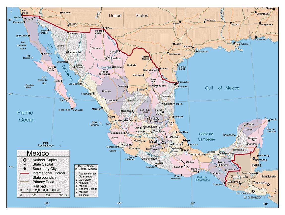 México mapa con las principales ciudades