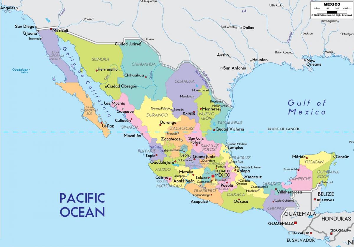mapa de México con los estados y ciudades