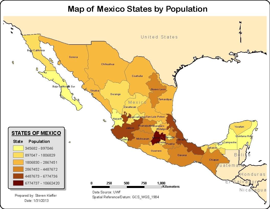 México mapa de la población