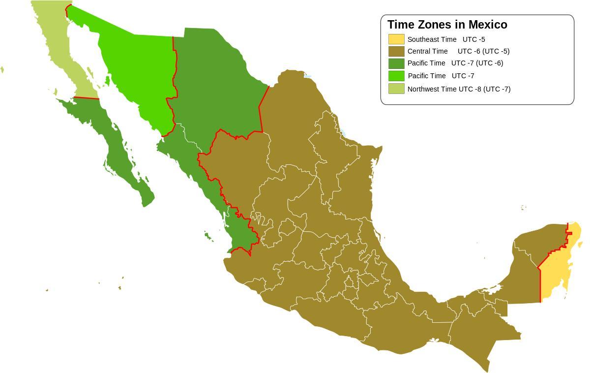 la zona horaria de mapa de México