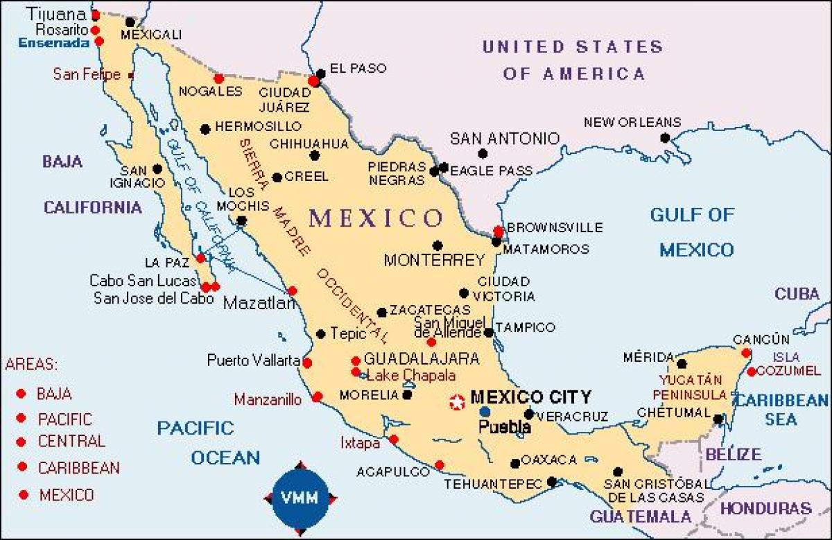 mapa de México, lugares de vacaciones
