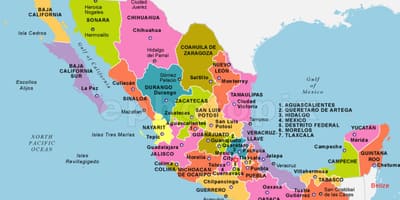 México mapa con los países y capitales